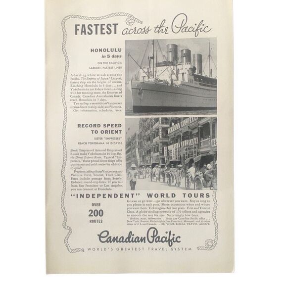 Vintage 1934 Canadian Pacific Fastest Across the Pacific Ad Advertisement - Picture 2 of 4